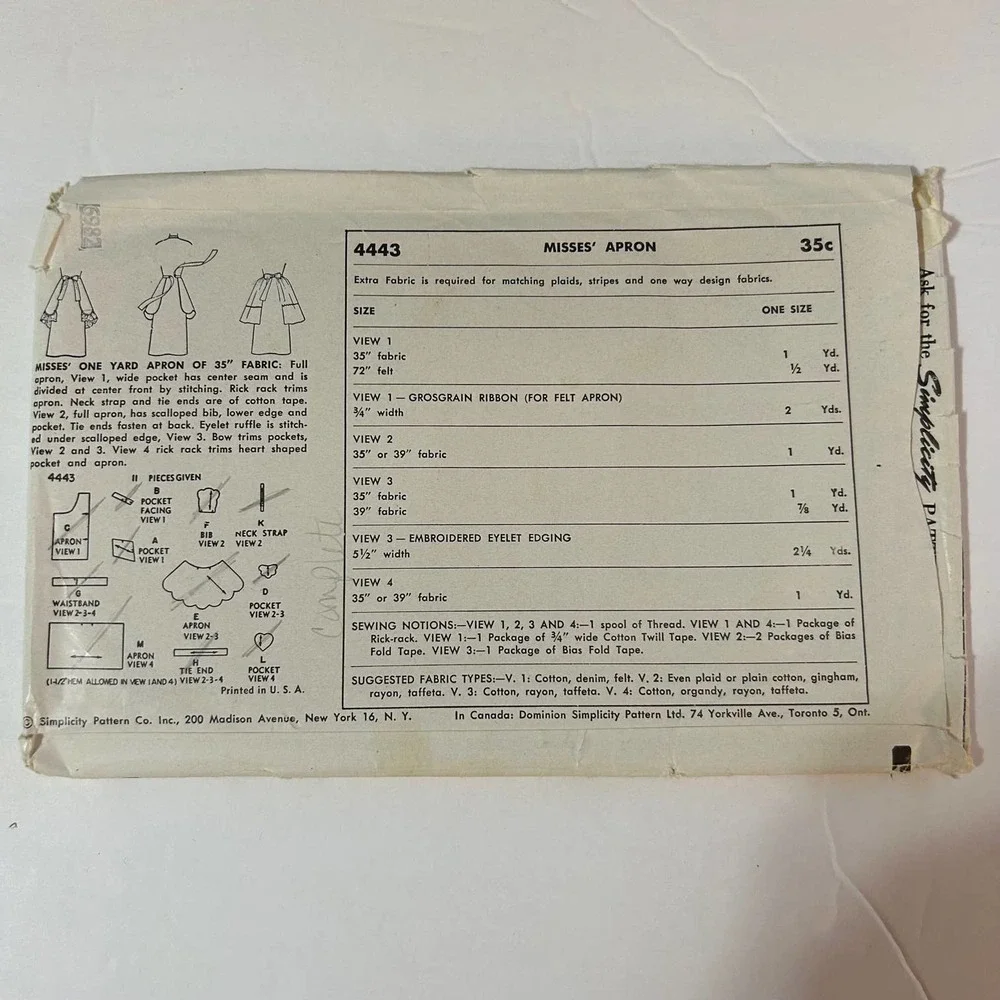 Simplicity Vintage 1950's Pattern #4443 Women's‎ Aprons One Size